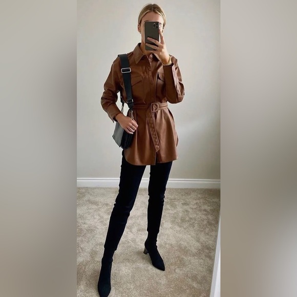 ZARA BELTED FAUX LEATHER SHIRT MINI DRESS - Picture 3 of 7